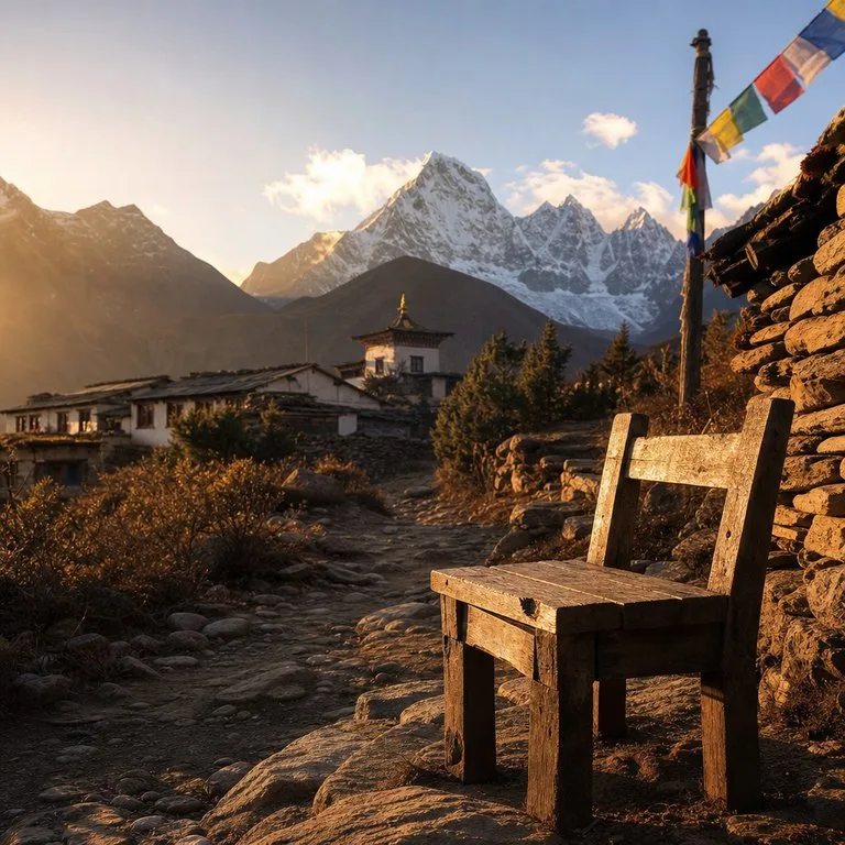 Rustic chair on a stone path facing Himalayan mountains at sunrise