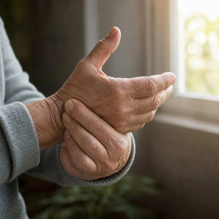 Two older hands clasped together in natural window light