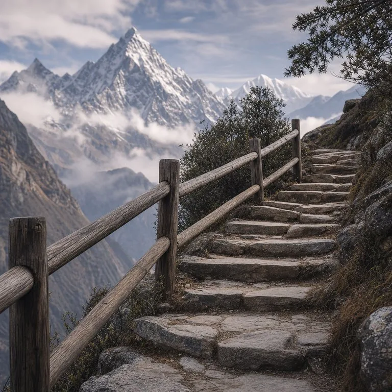 Stone staircase with wooden railing ascending toward snowy peaks