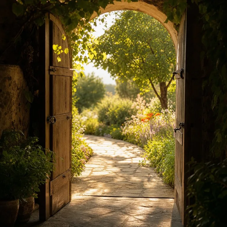 Open wooden gate framing a garden path with flowers