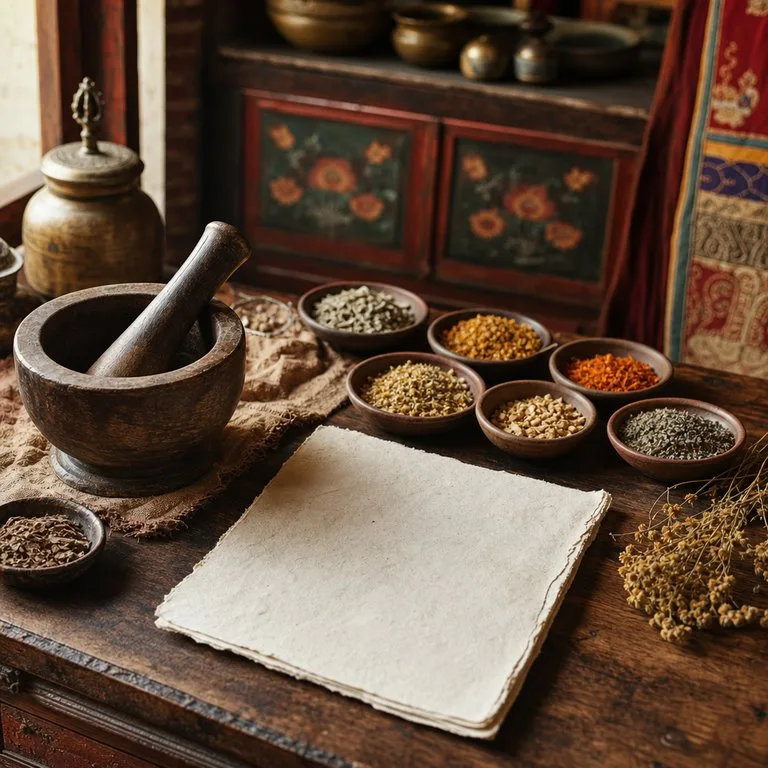 Traditional mortar and pestle with spice bowls on wood