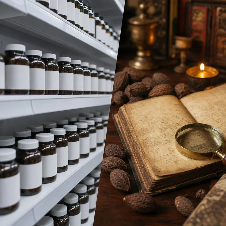 Cold supplement aisle versus warm research desk with Tibetan manuscript and dried Terminalia chebula fruits