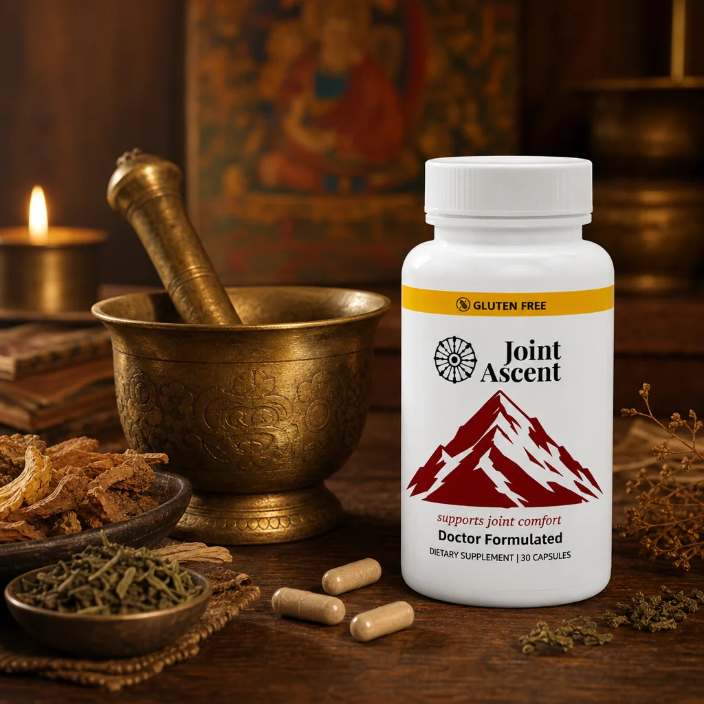 A jar of Joint Ascent beside a brass mortar and pestle, dried botanicals, and candlelight — a Tibetan-medicine still life