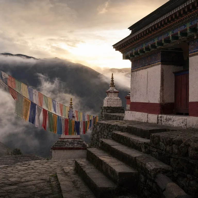 A stone courtyard in the Himalayan highlands at first light