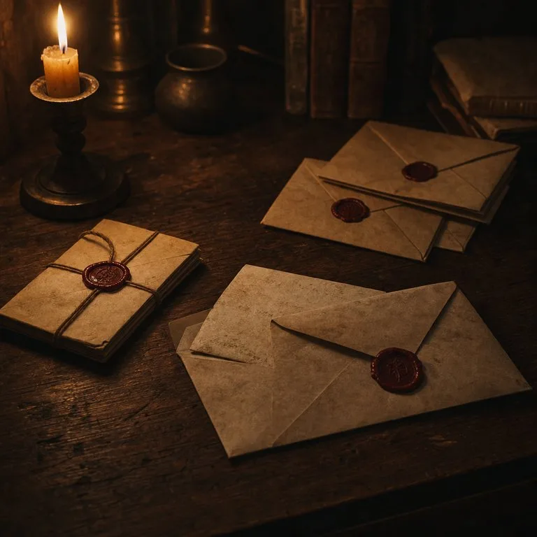 Handwritten letters gathered on a wooden desk