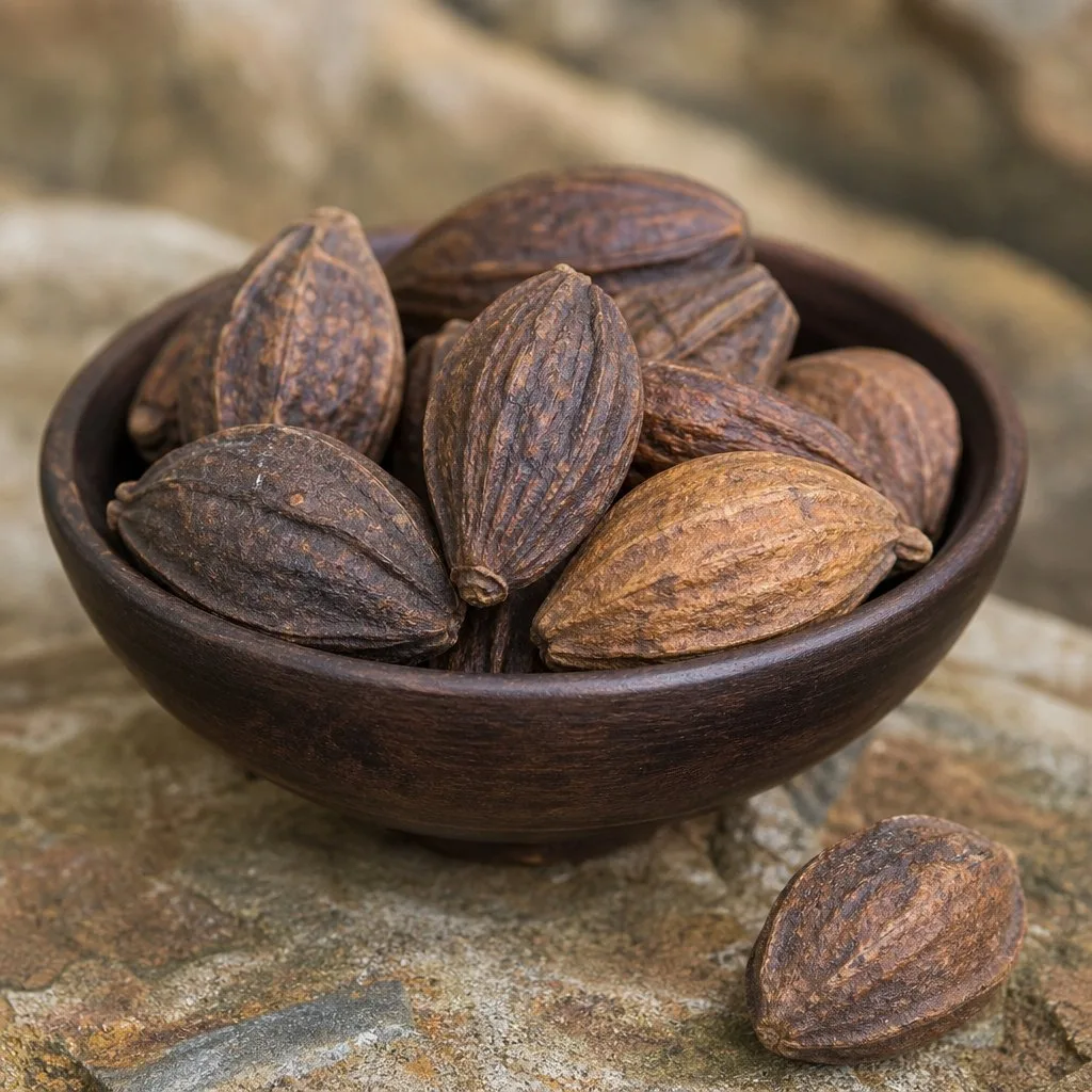 Terminalia chebula — the small ridged fruit Tibetan texts call arura, the 'King of Medicine'